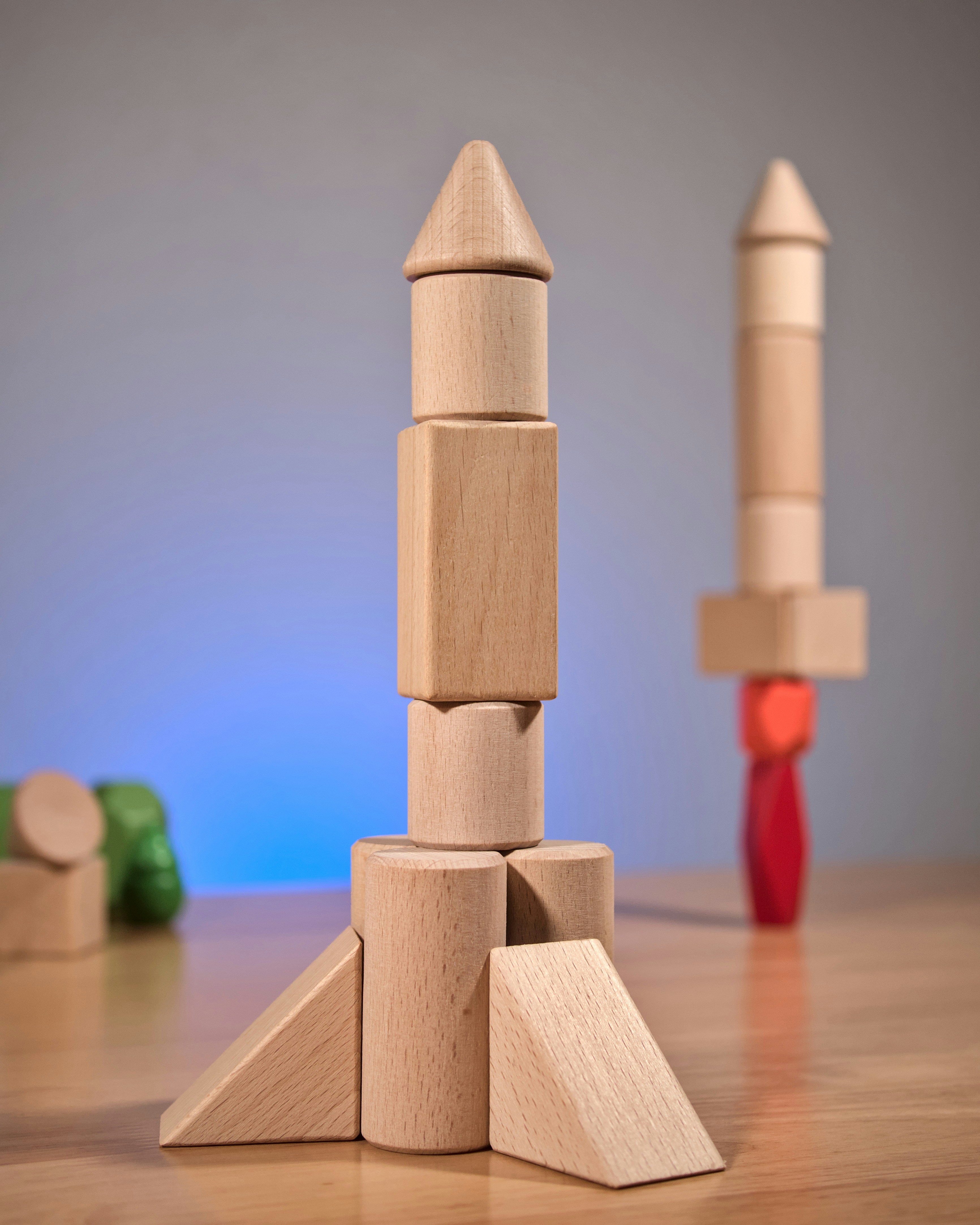 A space rocket build of wooden blocks.