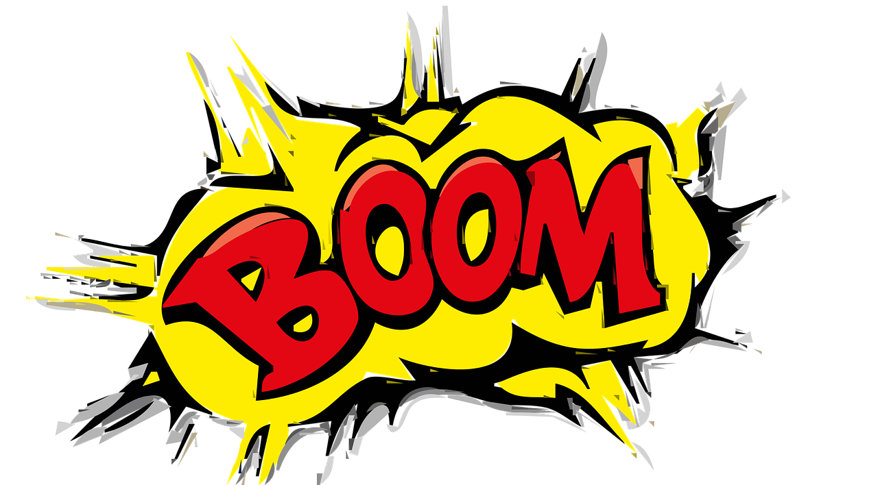Cartoon style BOOM in red on a background of an explosion in yellow