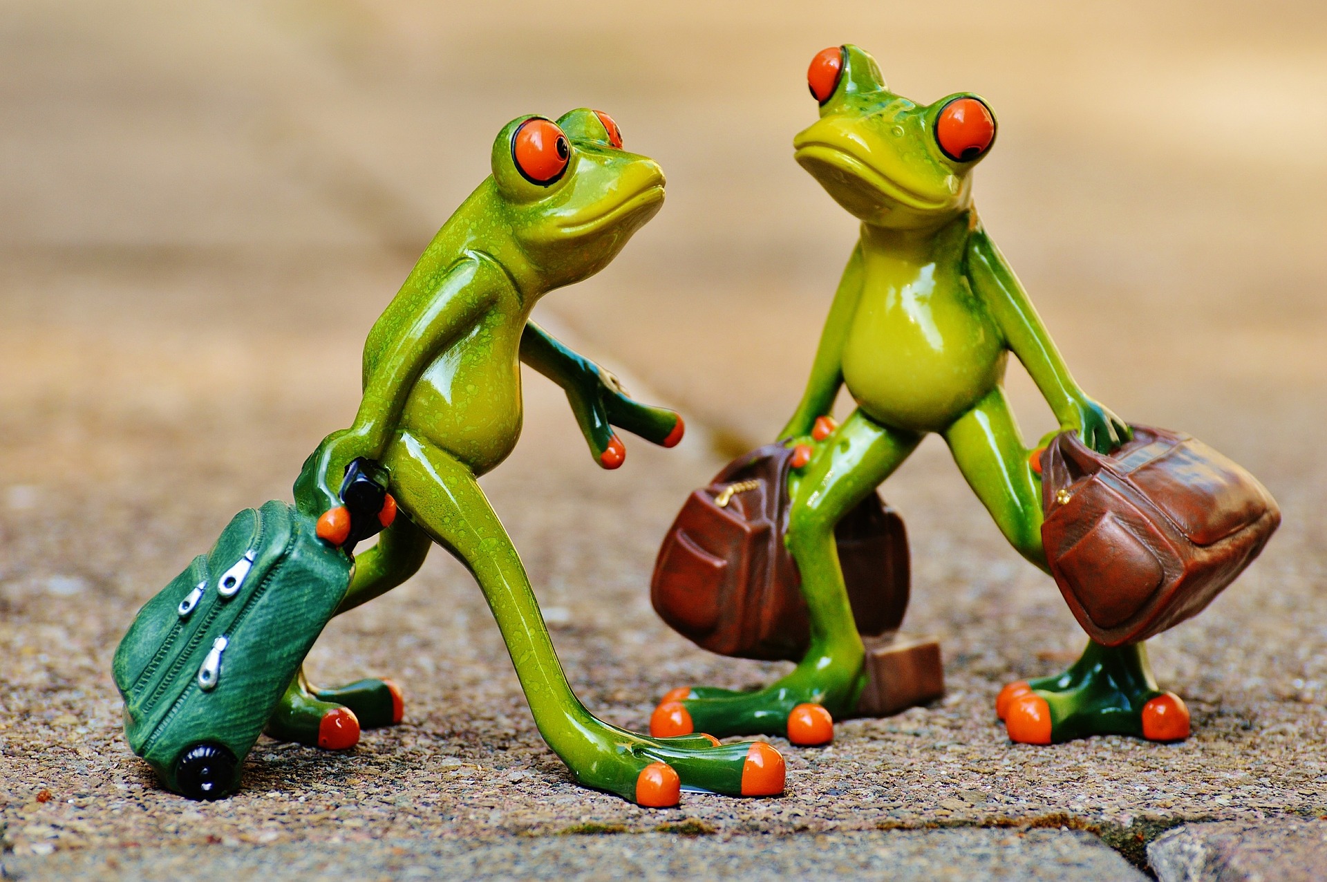 Two frog figurines. One is pulling a cabin bag. The other has one bag in each hand.