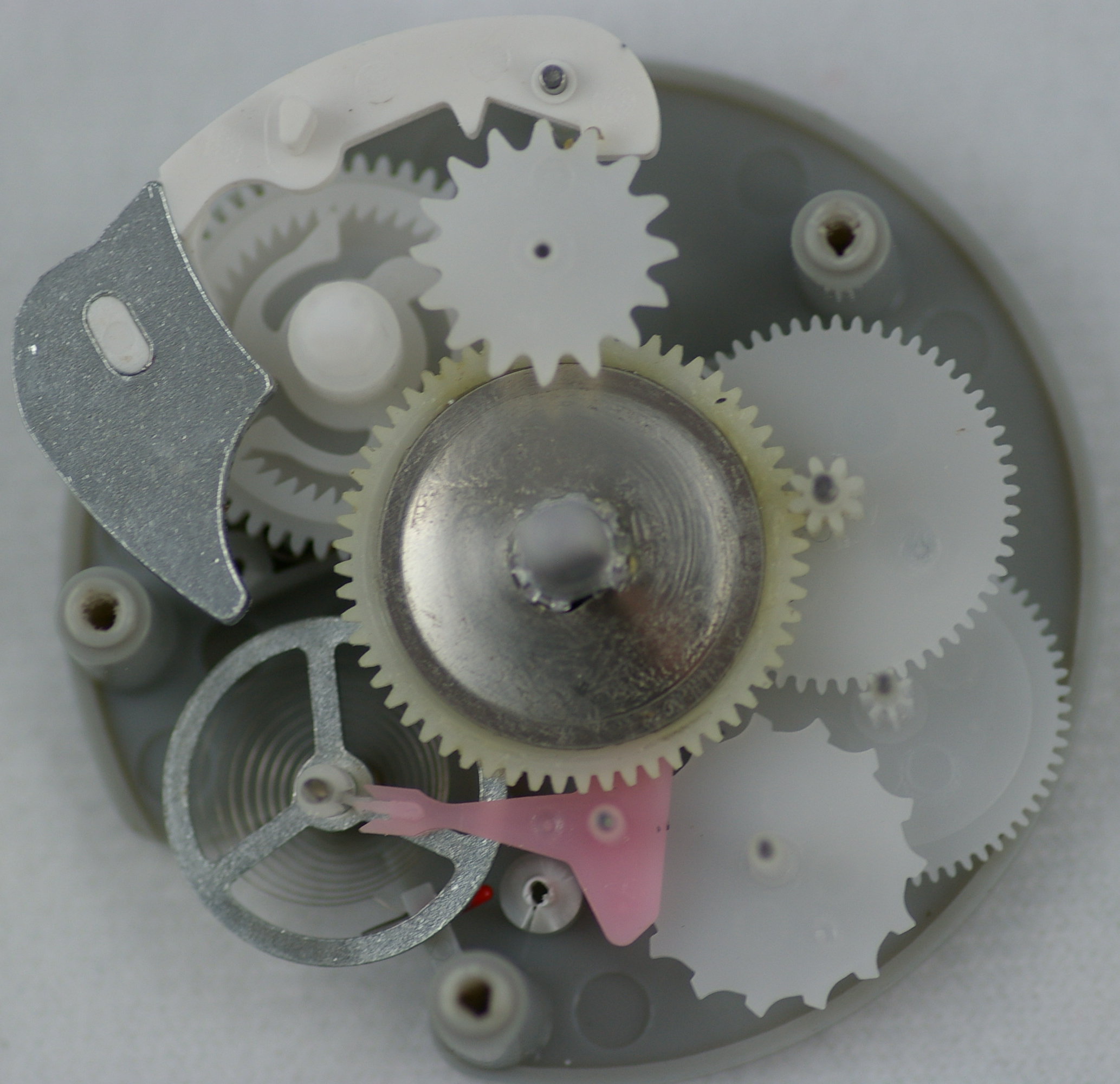 The gears from an egg timer, showing the Lever escapement and other gears.