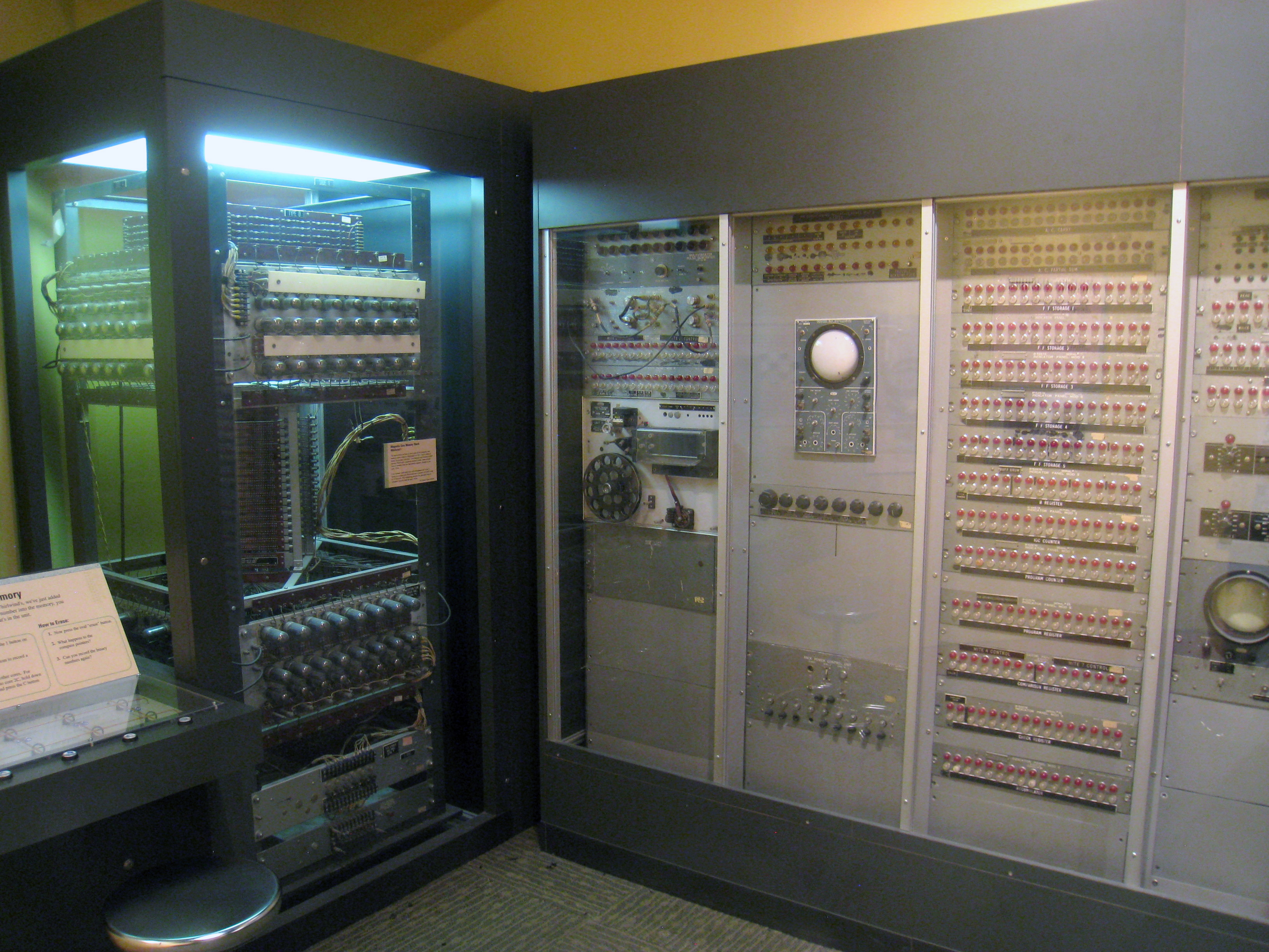 Whirlwind computer, sections of core memory and controls, in Museum of Science, Boston, Massachusetts, USA.